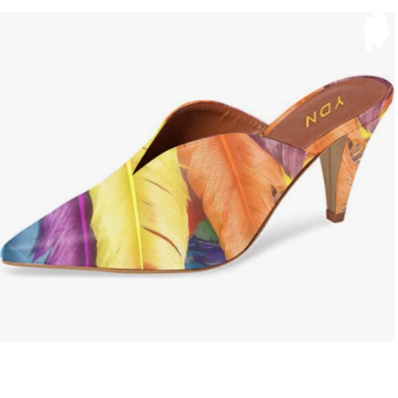 YDN Colorful-feather Cone Heel Pointed Toe Mules Slip on V Cut Slide Sandals - Picture 1 of 8
